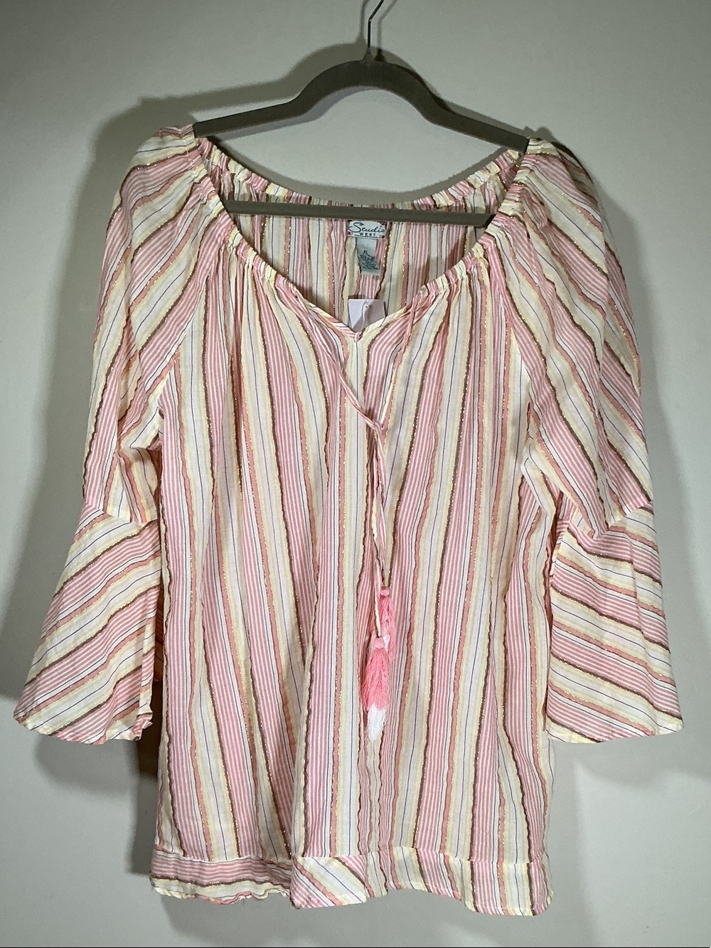 Studio West Boho Peasant Blouse XL Pink Stripe Bell Sleeve Tassel Top